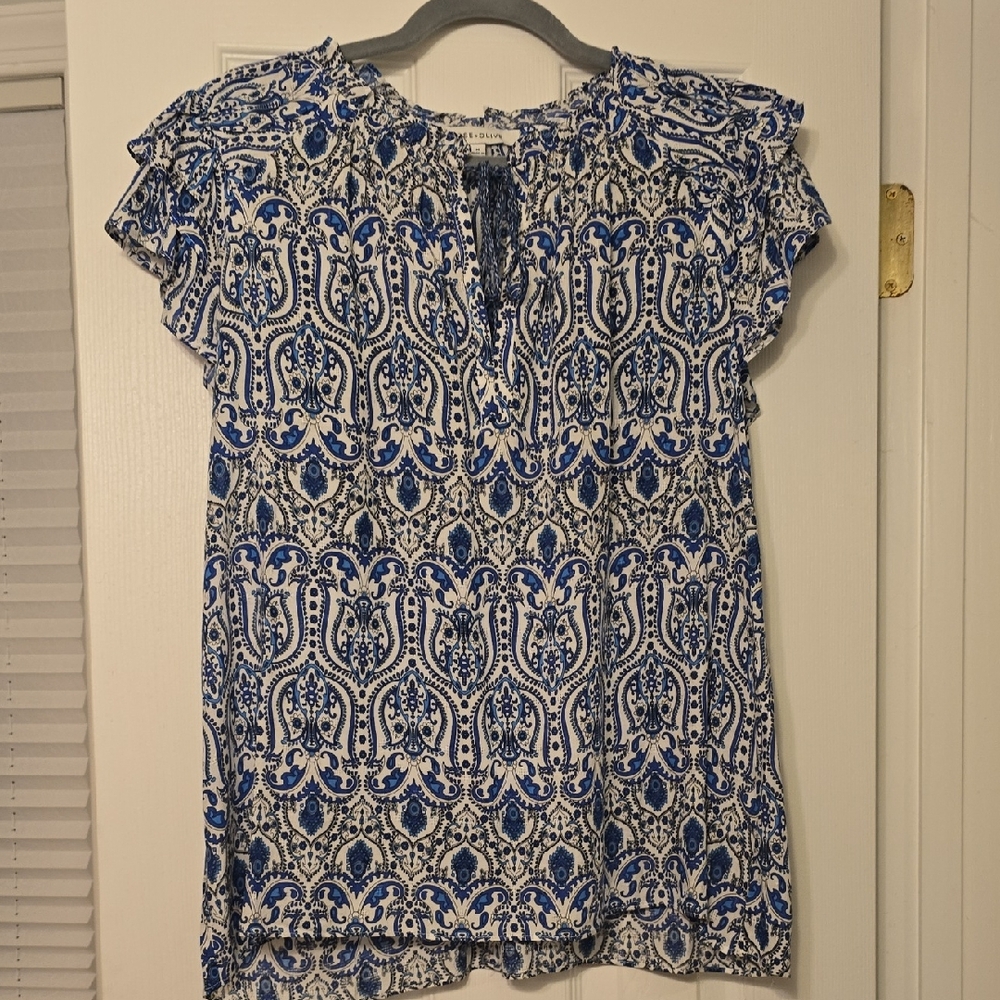 Rose & Olive Blue and White Paisley Blouse